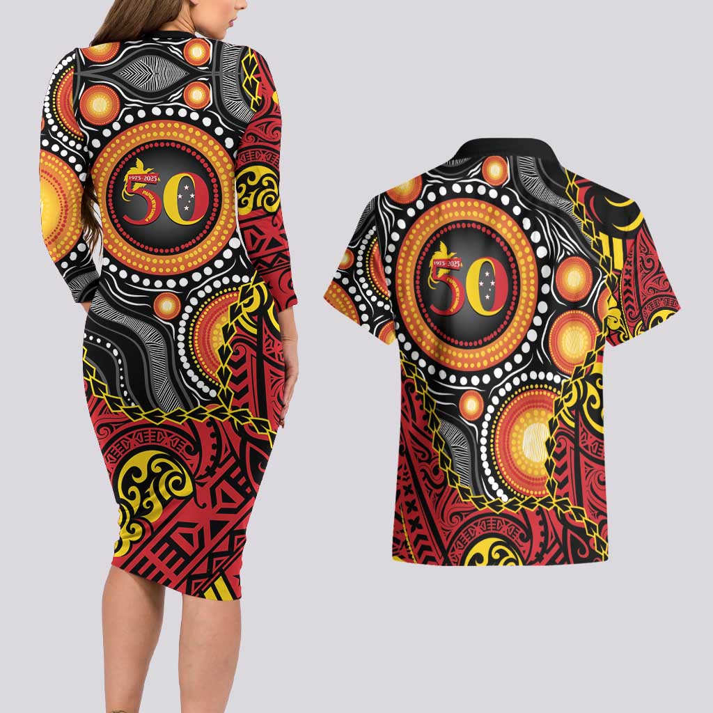 Celebrating 50 Years Papua New Guinea Couples Matching Long Sleeve Bodycon Dress and Hawaiian Shirt Aboriginal Mix Papuan Pattern LT14 - Polynesian Pride