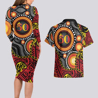 Celebrating 50 Years Papua New Guinea Couples Matching Long Sleeve Bodycon Dress and Hawaiian Shirt Aboriginal Mix Papuan Pattern LT14 - Polynesian Pride