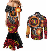 Celebrating 50 Years Papua New Guinea Couples Matching Mermaid Dress and Long Sleeve Button Shirt Aboriginal Mix Papuan Pattern LT14 - Polynesian Pride