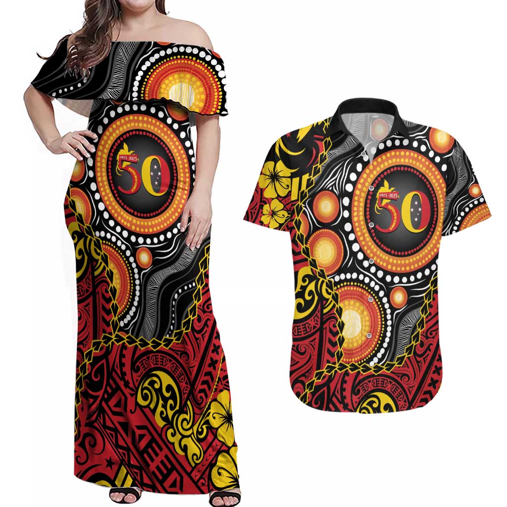 Celebrating 50 Years Papua New Guinea Couples Matching Off Shoulder Maxi Dress and Hawaiian Shirt Aboriginal Mix Papuan Pattern LT14 Red - Polynesian Pride