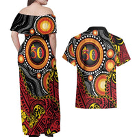 Celebrating 50 Years Papua New Guinea Couples Matching Off Shoulder Maxi Dress and Hawaiian Shirt Aboriginal Mix Papuan Pattern LT14 - Polynesian Pride