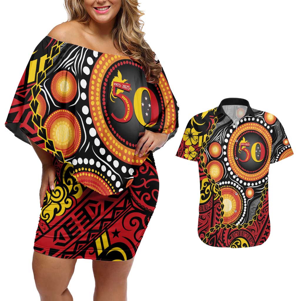 Celebrating 50 Years Papua New Guinea Couples Matching Off Shoulder Short Dress and Hawaiian Shirt Aboriginal Mix Papuan Pattern LT14 Red - Polynesian Pride