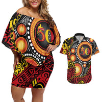 Celebrating 50 Years Papua New Guinea Couples Matching Off Shoulder Short Dress and Hawaiian Shirt Aboriginal Mix Papuan Pattern LT14 Red - Polynesian Pride