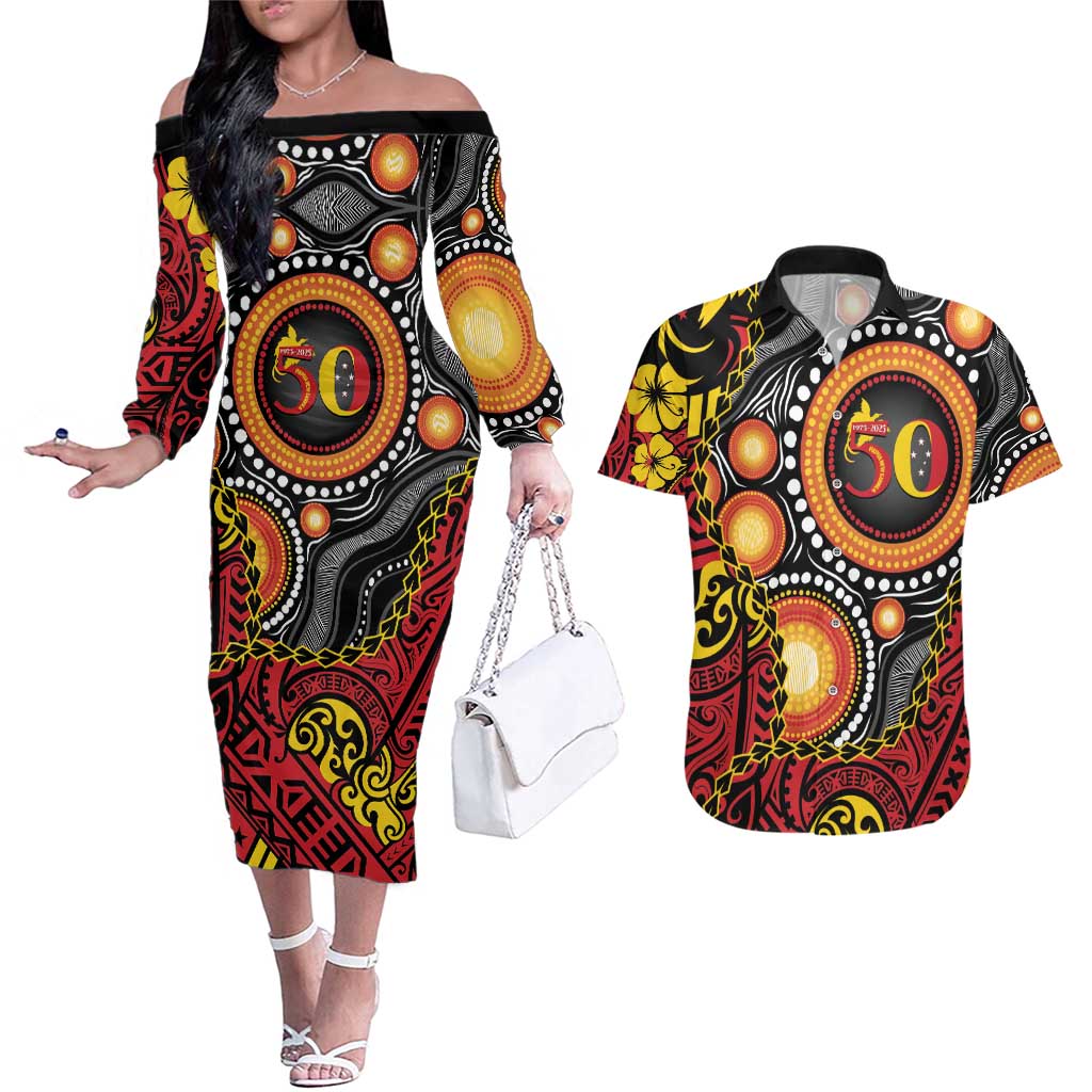 Celebrating 50 Years Papua New Guinea Couples Matching Off The Shoulder Long Sleeve Dress and Hawaiian Shirt Aboriginal Mix Papuan Pattern LT14 Red - Polynesian Pride