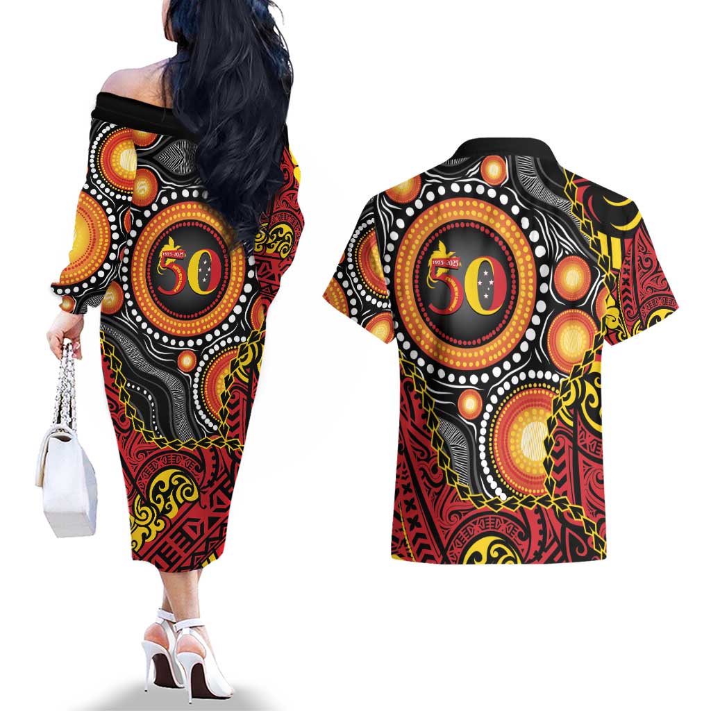 Celebrating 50 Years Papua New Guinea Couples Matching Off The Shoulder Long Sleeve Dress and Hawaiian Shirt Aboriginal Mix Papuan Pattern LT14 - Polynesian Pride