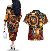 Celebrating 50 Years Papua New Guinea Couples Matching Off The Shoulder Long Sleeve Dress and Hawaiian Shirt Aboriginal Mix Papuan Pattern LT14 - Polynesian Pride