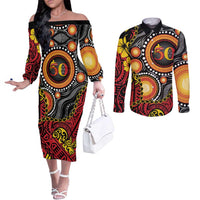 Celebrating 50 Years Papua New Guinea Couples Matching Off The Shoulder Long Sleeve Dress and Long Sleeve Button Shirt Aboriginal Mix Papuan Pattern LT14 Red - Polynesian Pride