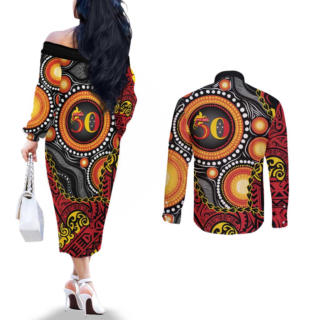 Celebrating 50 Years Papua New Guinea Couples Matching Off The Shoulder Long Sleeve Dress and Long Sleeve Button Shirt Aboriginal Mix Papuan Pattern LT14 - Polynesian Pride