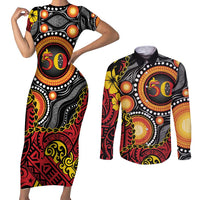Celebrating 50 Years Papua New Guinea Couples Matching Short Sleeve Bodycon Dress and Long Sleeve Button Shirt Aboriginal Mix Papuan Pattern LT14 Red - Polynesian Pride