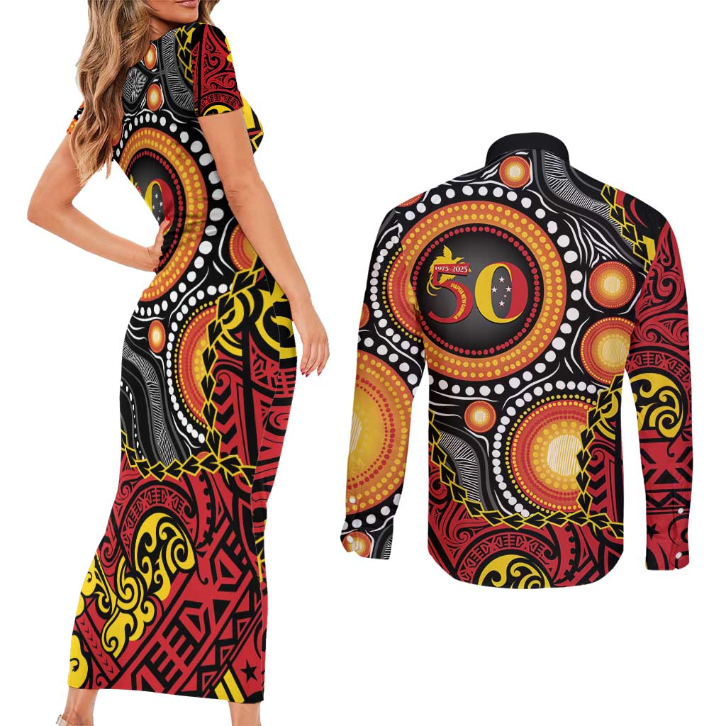 Celebrating 50 Years Papua New Guinea Couples Matching Short Sleeve Bodycon Dress and Long Sleeve Button Shirt Aboriginal Mix Papuan Pattern LT14 - Polynesian Pride
