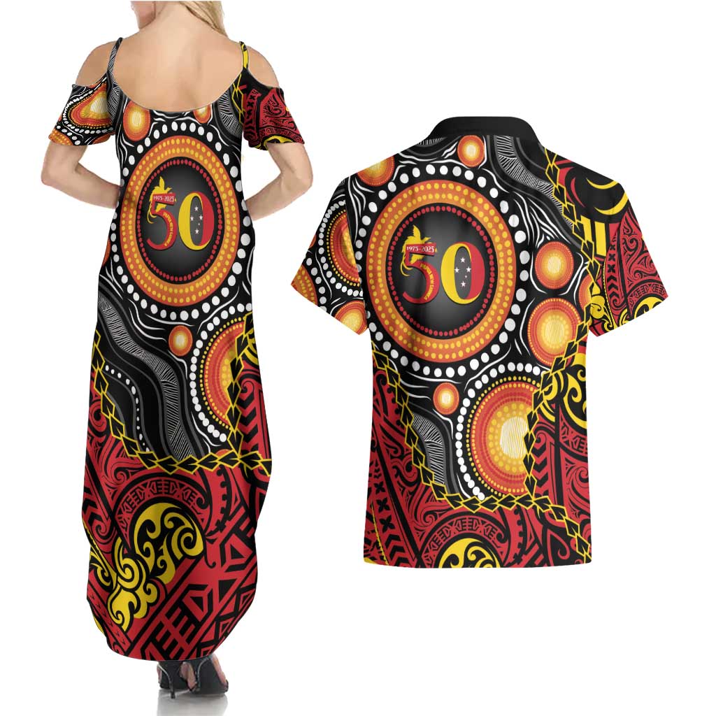 Celebrating 50 Years Papua New Guinea Couples Matching Summer Maxi Dress and Hawaiian Shirt Aboriginal Mix Papuan Pattern LT14 - Polynesian Pride