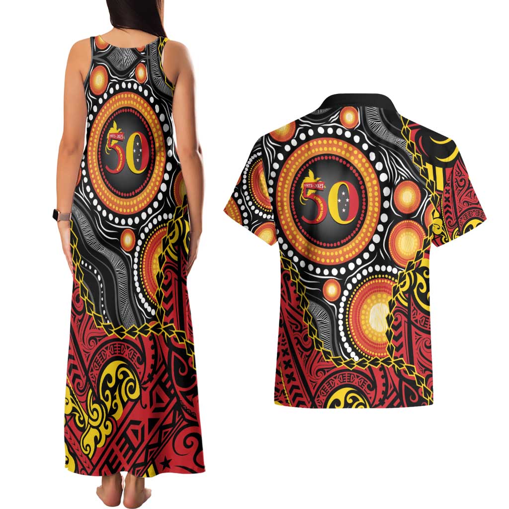 Celebrating 50 Years Papua New Guinea Couples Matching Tank Maxi Dress and Hawaiian Shirt Aboriginal Mix Papuan Pattern LT14 - Polynesian Pride