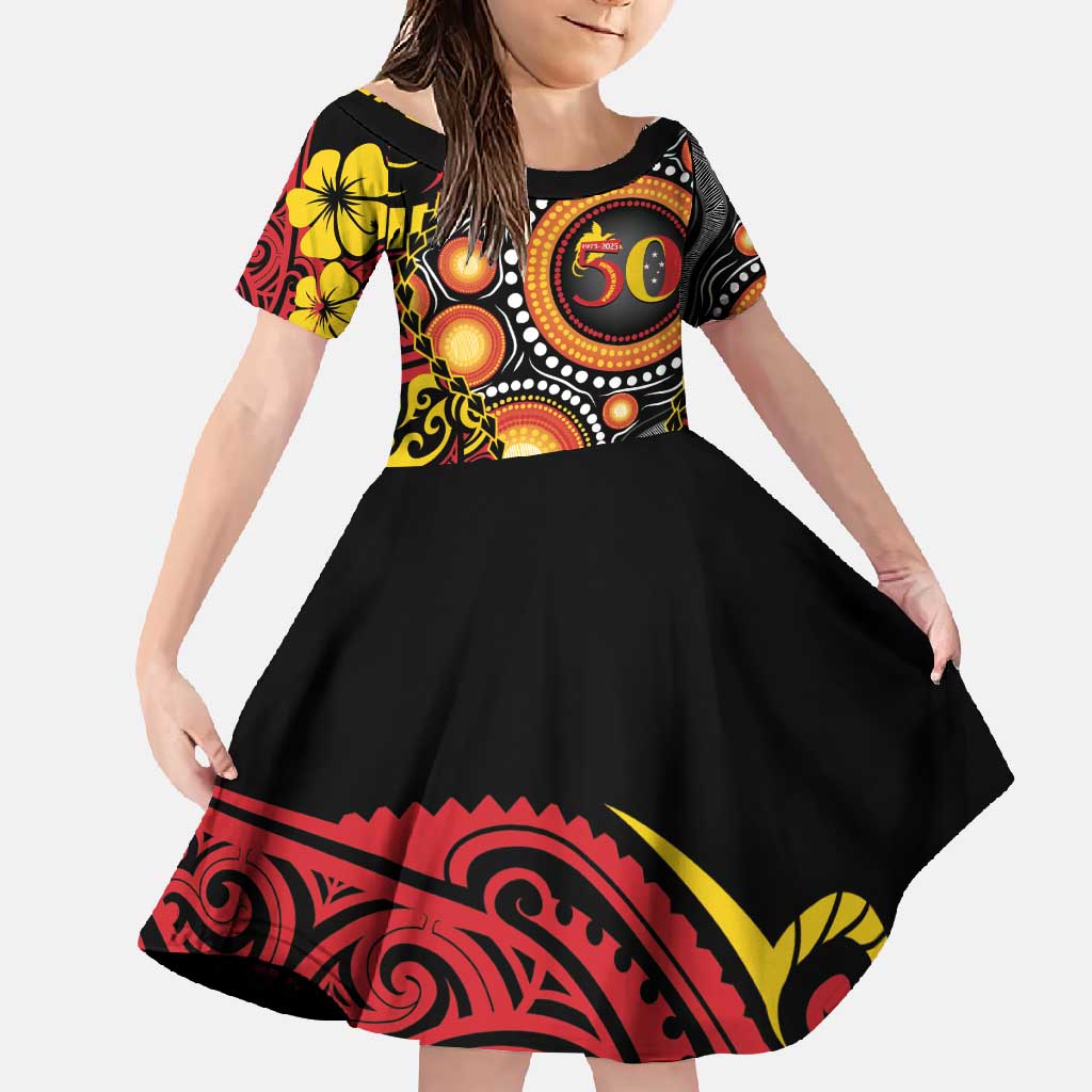Celebrating 50 Years Papua New Guinea Family Matching Long Sleeve Bodycon Dress and Hawaiian Shirt Aboriginal Mix Papuan Pattern LT14 Daughter's Dress Red - Polynesian Pride