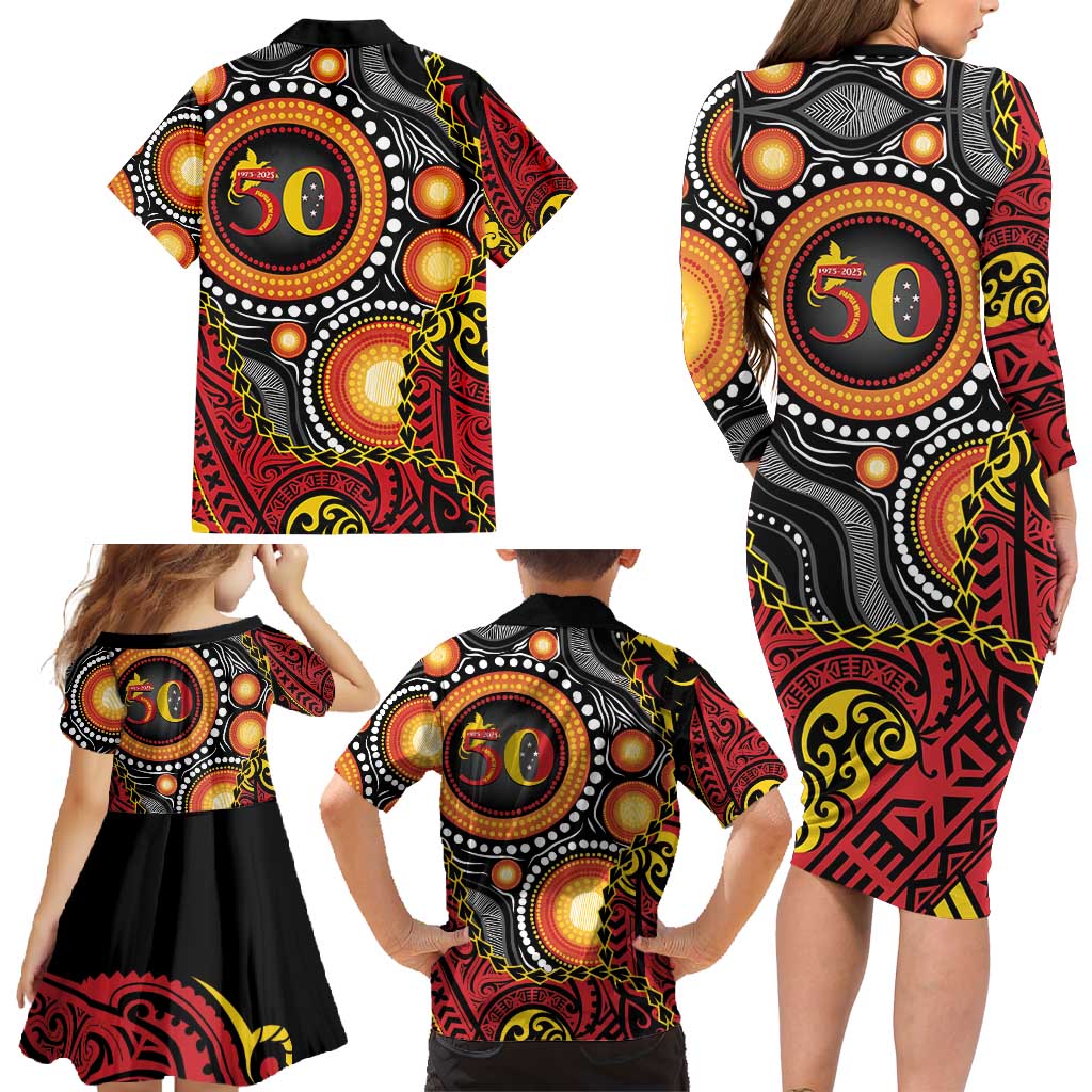 Celebrating 50 Years Papua New Guinea Family Matching Long Sleeve Bodycon Dress and Hawaiian Shirt Aboriginal Mix Papuan Pattern LT14 - Polynesian Pride