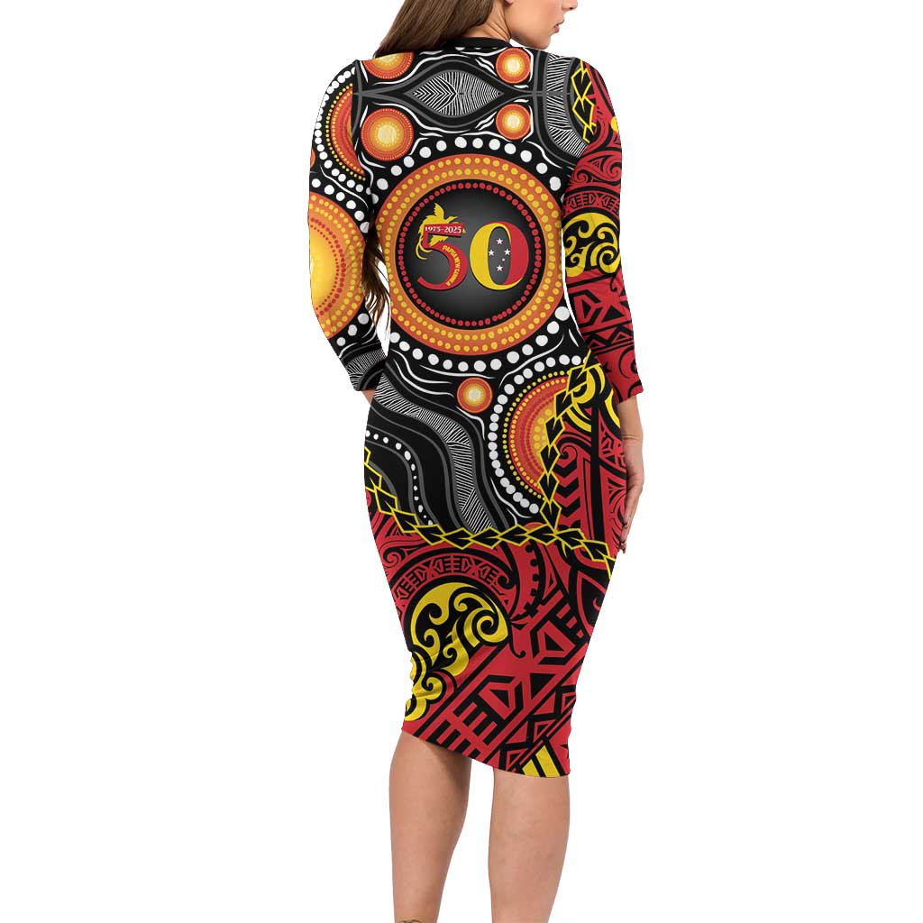 Celebrating 50 Years Papua New Guinea Family Matching Long Sleeve Bodycon Dress and Hawaiian Shirt Aboriginal Mix Papuan Pattern LT14 - Polynesian Pride