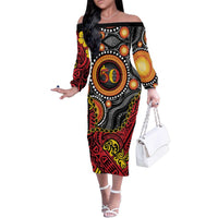Celebrating 50 Years Papua New Guinea Family Matching Off The Shoulder Long Sleeve Dress and Hawaiian Shirt Aboriginal Mix Papuan Pattern LT14 Mom's Dress Red - Polynesian Pride