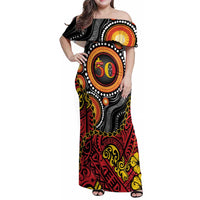 Celebrating 50 Years Papua New Guinea Family Matching Off Shoulder Maxi Dress and Hawaiian Shirt Aboriginal Mix Papuan Pattern LT14 Mom's Dress Red - Polynesian Pride