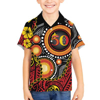 Celebrating 50 Years Papua New Guinea Family Matching Off Shoulder Maxi Dress and Hawaiian Shirt Aboriginal Mix Papuan Pattern LT14 Son's Shirt Red - Polynesian Pride