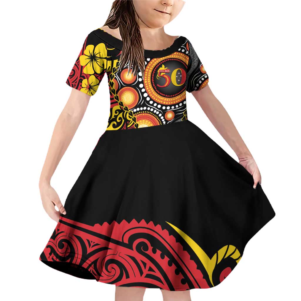 Celebrating 50 Years Papua New Guinea Family Matching Off Shoulder Short Dress and Hawaiian Shirt Aboriginal Mix Papuan Pattern LT14 Daughter's Dress Red - Polynesian Pride