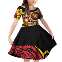 Celebrating 50 Years Papua New Guinea Family Matching Off Shoulder Short Dress and Hawaiian Shirt Aboriginal Mix Papuan Pattern LT14 Daughter's Dress Red - Polynesian Pride