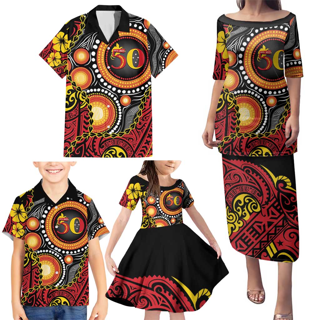 Celebrating 50 Years Papua New Guinea Family Matching Puletasi and Hawaiian Shirt Aboriginal Mix Papuan Pattern LT14 - Polynesian Pride
