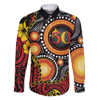 Celebrating 50 Years Papua New Guinea Family Matching Puletasi and Hawaiian Shirt Aboriginal Mix Papuan Pattern LT14 Dad's Shirt - Long Sleeve Red - Polynesian Pride