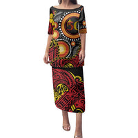 Celebrating 50 Years Papua New Guinea Family Matching Puletasi and Hawaiian Shirt Aboriginal Mix Papuan Pattern LT14 Mom's Dress Red - Polynesian Pride