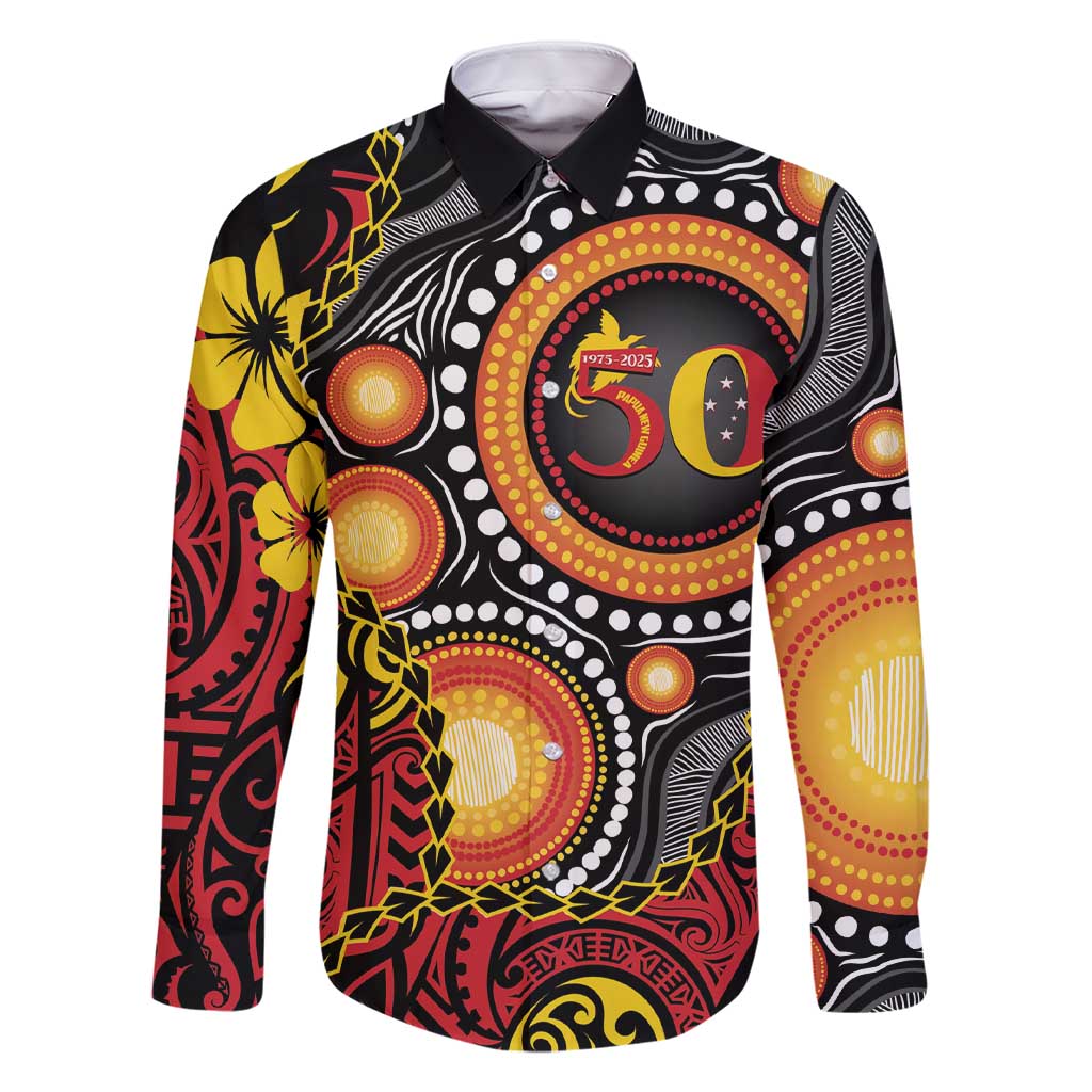 Celebrating 50 Years Papua New Guinea Family Matching Short Sleeve Bodycon Dress and Hawaiian Shirt Aboriginal Mix Papuan Pattern LT14 Dad's Shirt - Long Sleeve Red - Polynesian Pride