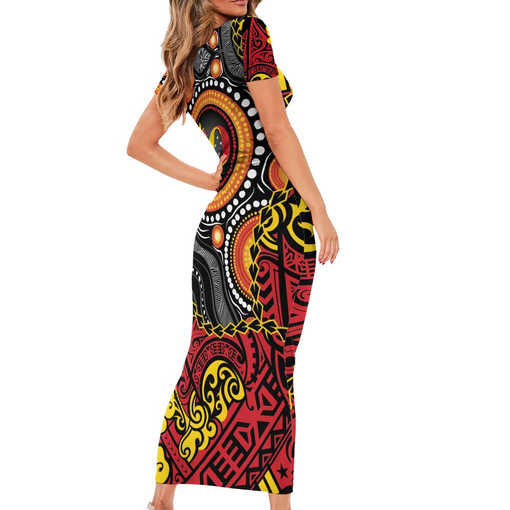 Celebrating 50 Years Papua New Guinea Family Matching Short Sleeve Bodycon Dress and Hawaiian Shirt Aboriginal Mix Papuan Pattern LT14 - Polynesian Pride