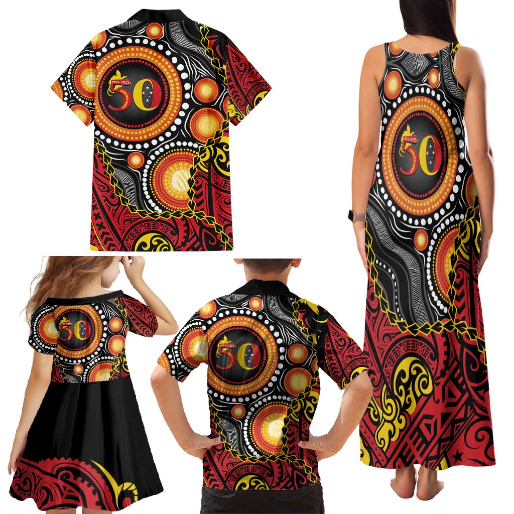 Celebrating 50 Years Papua New Guinea Family Matching Tank Maxi Dress and Hawaiian Shirt Aboriginal Mix Papuan Pattern LT14 - Polynesian Pride