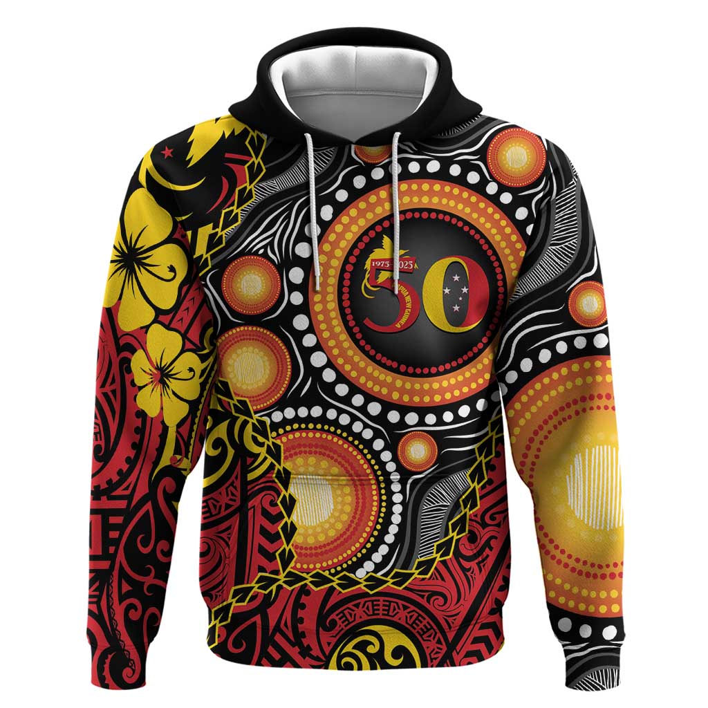 Celebrating 50 Years Papua New Guinea Hoodie Aboriginal Mix Papuan Pattern LT14 Pullover Hoodie Red - Polynesian Pride