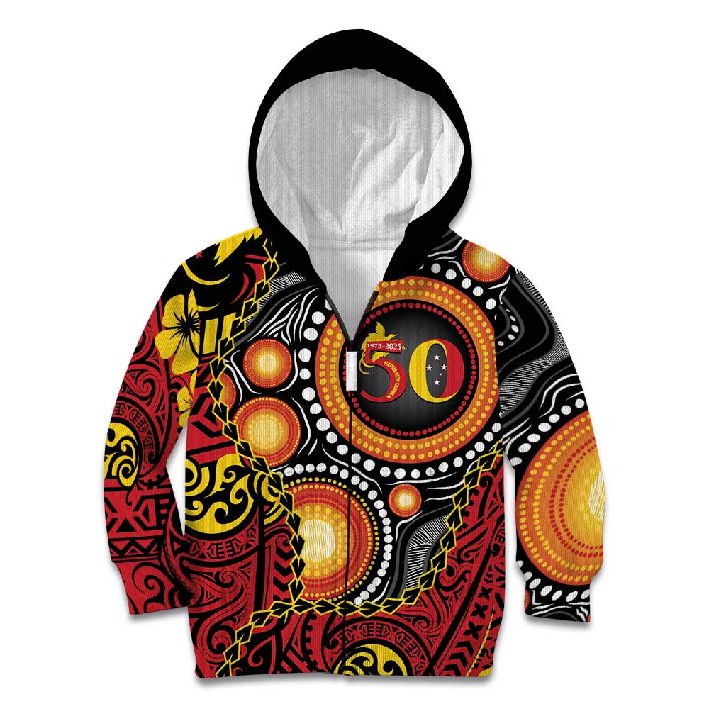 Celebrating 50 Years Papua New Guinea Kid Hoodie Aboriginal Mix Papuan Pattern LT14 Zip Hoodie Red - Polynesian Pride