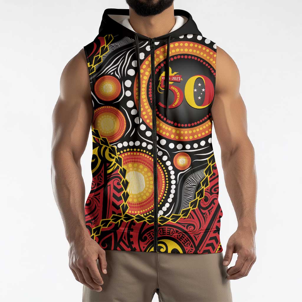 Celebrating 50 Years Papua New Guinea Sleeveless Zip Hoodie Aboriginal Mix Papuan Pattern - Polynesian Pride
