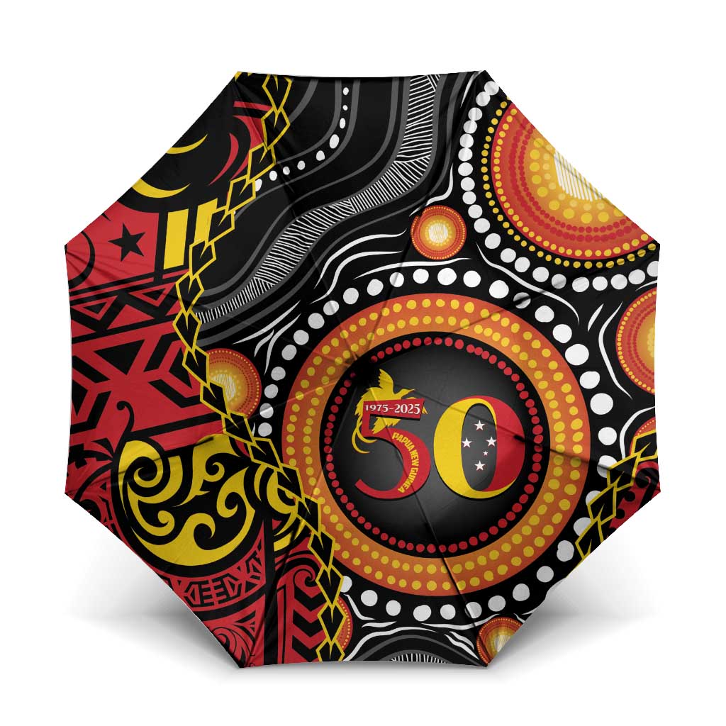 Celebrating 50 Years Papua New Guinea Umbrella Aboriginal Mix Papuan Pattern LT14 One Size Folded 11.42 inch Opened Diameter 37.4 inch Red - Polynesian Pride