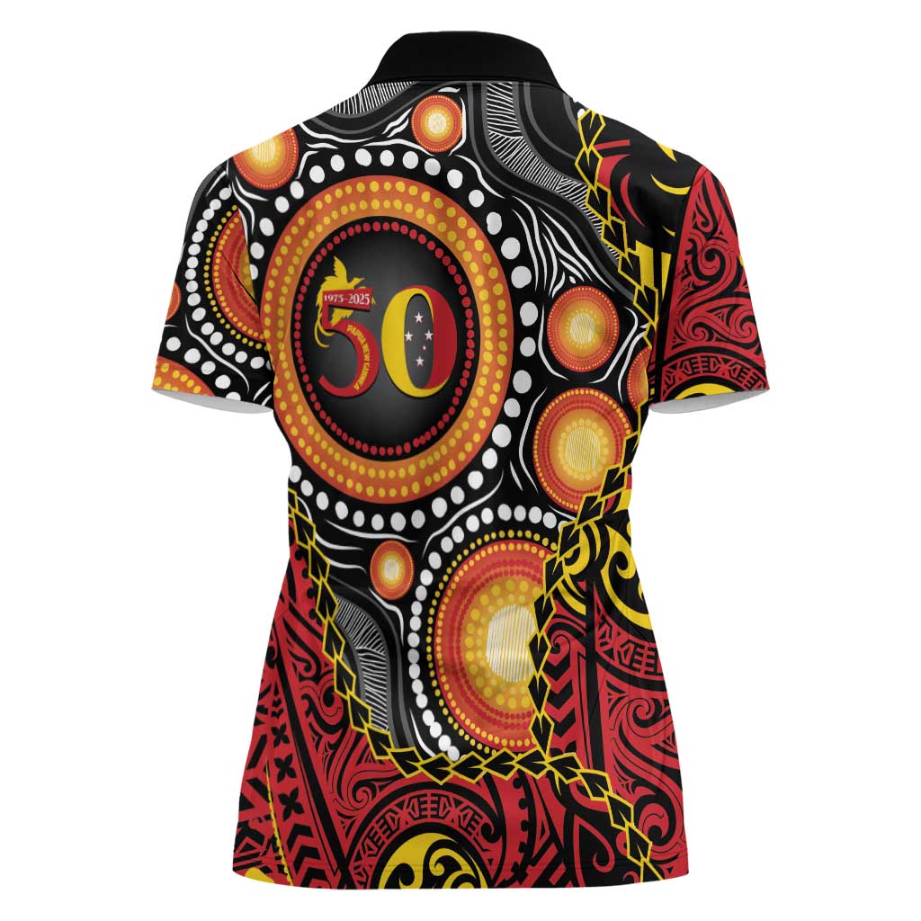 Celebrating 50 Years Papua New Guinea Women Polo Shirt Aboriginal Mix Papuan Pattern - Polynesian Pride