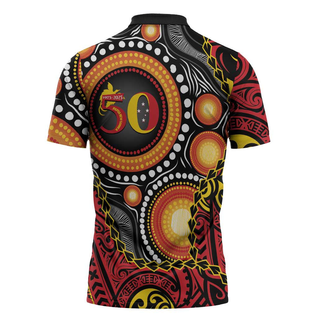 Celebrating 50 Years Papua New Guinea Zipper Polo Shirt Aboriginal Mix Papuan Pattern - Polynesian Pride