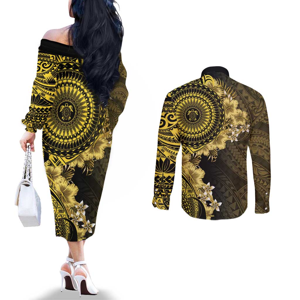 Vanuatu Couples Matching Off The Shoulder Long Sleeve Dress and Long Sleeve Button Shirt Hibisus Polynesian Pattern Gold - Polynesian Pride