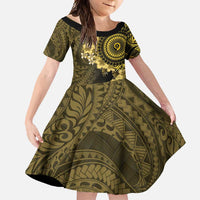 Vanuatu Family Matching Long Sleeve Bodycon Dress and Hawaiian Shirt Hibisus Polynesian Pattern Gold LT14 Daughter's Dress Gold - Polynesian Pride