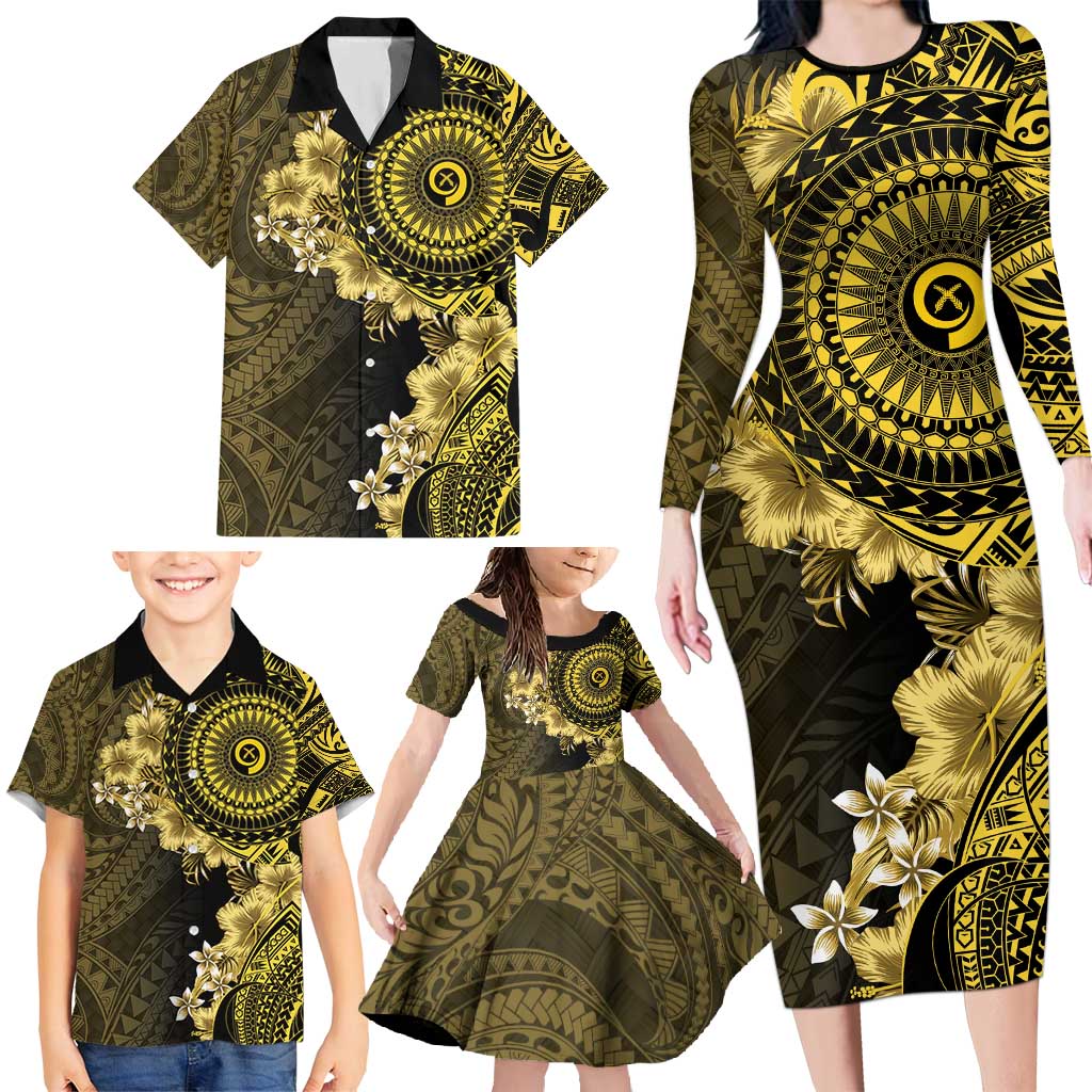 Vanuatu Family Matching Long Sleeve Bodycon Dress and Hawaiian Shirt Hibisus Polynesian Pattern Gold LT14 - Polynesian Pride