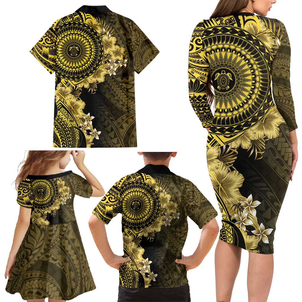 Vanuatu Family Matching Long Sleeve Bodycon Dress and Hawaiian Shirt Hibisus Polynesian Pattern Gold LT14 - Polynesian Pride