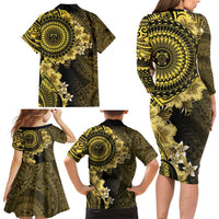 Vanuatu Family Matching Long Sleeve Bodycon Dress and Hawaiian Shirt Hibisus Polynesian Pattern Gold LT14 - Polynesian Pride