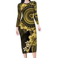 Vanuatu Family Matching Long Sleeve Bodycon Dress and Hawaiian Shirt Hibisus Polynesian Pattern Gold LT14 Mom's Dress Gold - Polynesian Pride