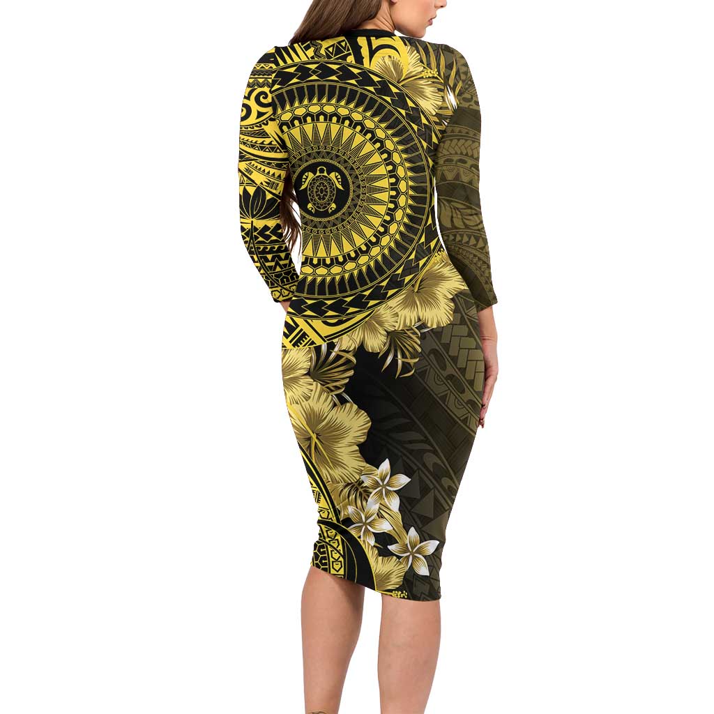 Vanuatu Family Matching Long Sleeve Bodycon Dress and Hawaiian Shirt Hibisus Polynesian Pattern Gold LT14 - Polynesian Pride