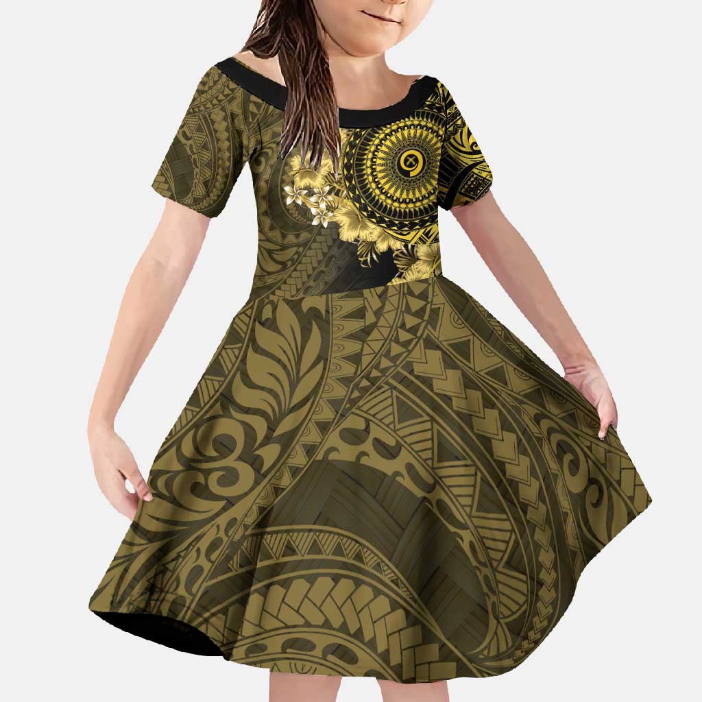 Vanuatu Family Matching Mermaid Dress and Hawaiian Shirt Hibisus Polynesian Pattern Gold LT14 Daughter's Dress Gold - Polynesian Pride