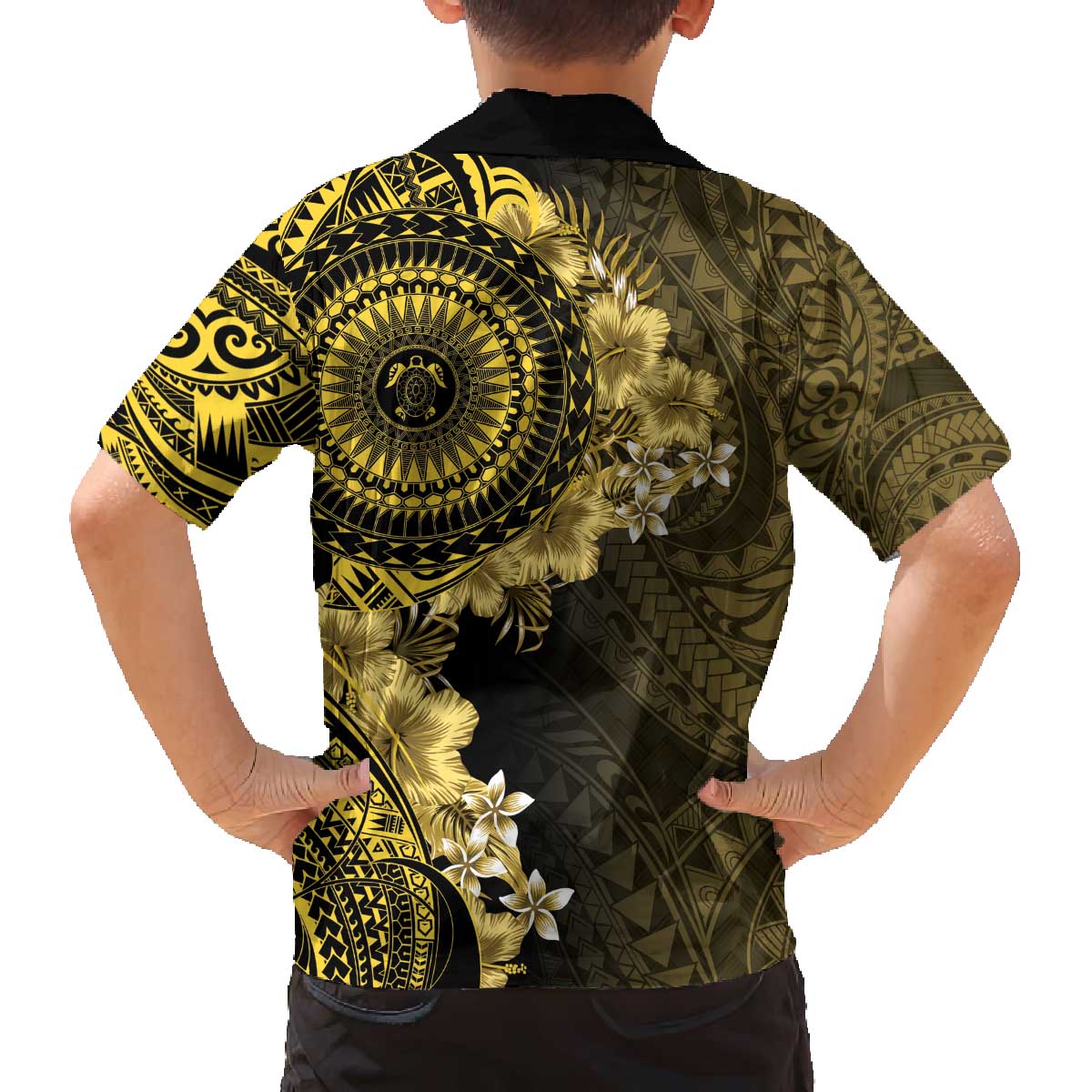Vanuatu Family Matching Off The Shoulder Long Sleeve Dress and Hawaiian Shirt Hibisus Polynesian Pattern Gold LT14 - Polynesian Pride