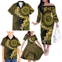 Vanuatu Family Matching Off The Shoulder Long Sleeve Dress and Hawaiian Shirt Hibisus Polynesian Pattern Gold LT14 - Polynesian Pride