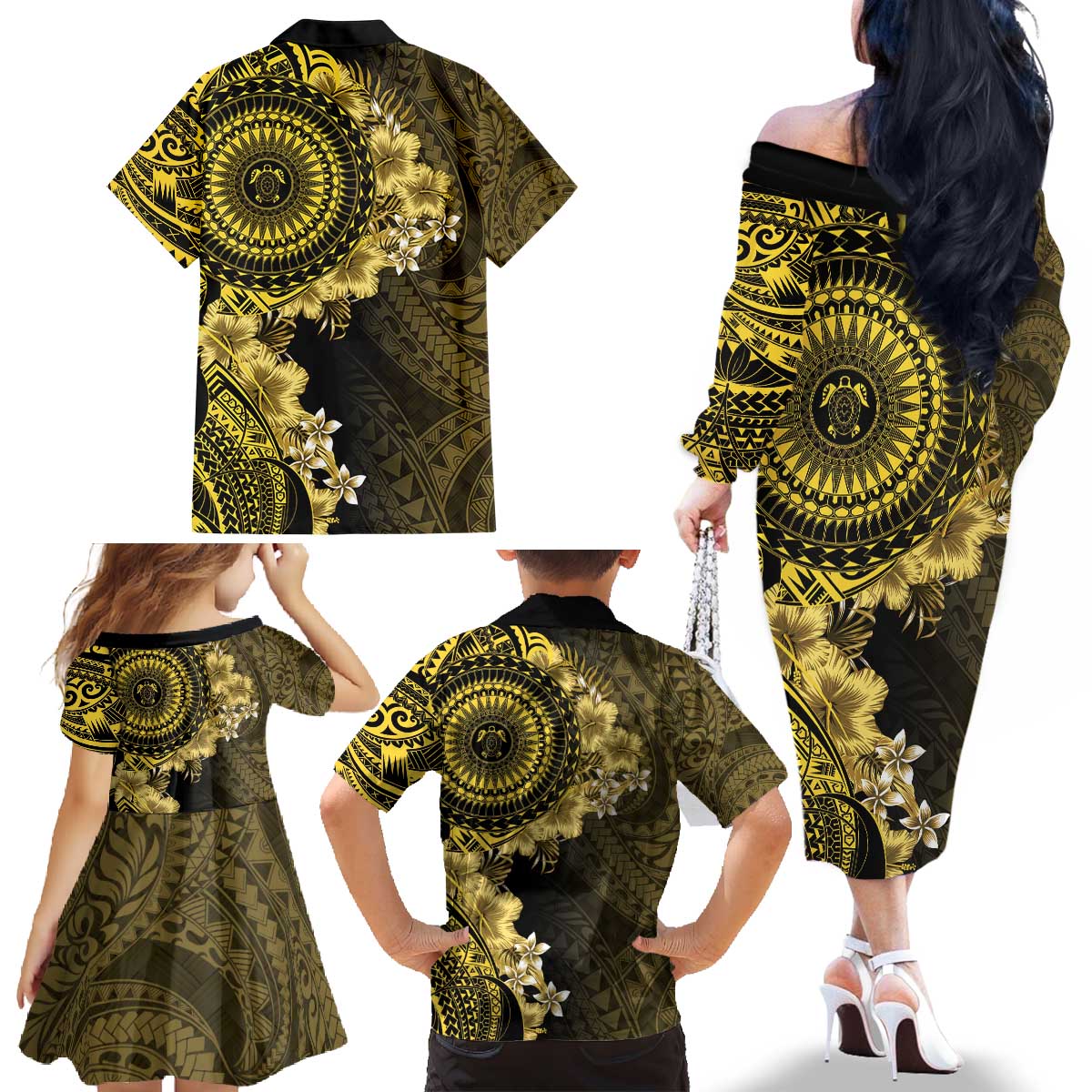 Vanuatu Family Matching Off The Shoulder Long Sleeve Dress and Hawaiian Shirt Hibisus Polynesian Pattern Gold LT14 - Polynesian Pride