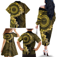 Vanuatu Family Matching Off The Shoulder Long Sleeve Dress and Hawaiian Shirt Hibisus Polynesian Pattern Gold LT14 - Polynesian Pride