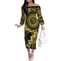 Vanuatu Family Matching Off The Shoulder Long Sleeve Dress and Hawaiian Shirt Hibisus Polynesian Pattern Gold LT14 Mom's Dress Gold - Polynesian Pride