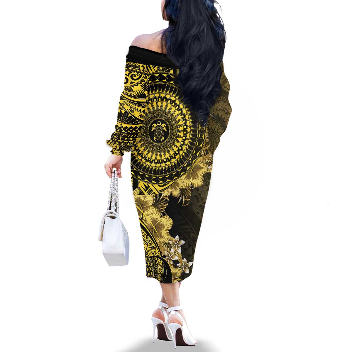 Vanuatu Family Matching Off The Shoulder Long Sleeve Dress and Hawaiian Shirt Hibisus Polynesian Pattern Gold LT14 - Polynesian Pride